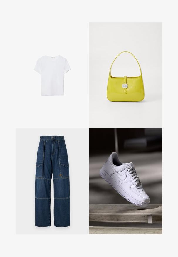 Valkoinen lyhythihainen t-paita, joka on valmistettu pehmeästä kankaasta. Sillä on pyöreä pääntie ja yksinkertainen, siisti muotoilu suoralla helman lopulla.; Tummansiniset farkku cargo-housut, joissa on leveä lahje, näkyvät saumat, kaksi etutaskua ja pieni logopatchi sivussa.; Valkoinen Nike Air Force 1 -tossu leijuu betonipinnan yläpuolella varjojen kera minimalistisessa ympäristössä.; Keltainen lakatun nahkaisen käsilaukku, jolla on jäsennelty muoto, yläkahva ja edessä napsautettava suljenta, jossa on pyöreä metallinen logoosa.