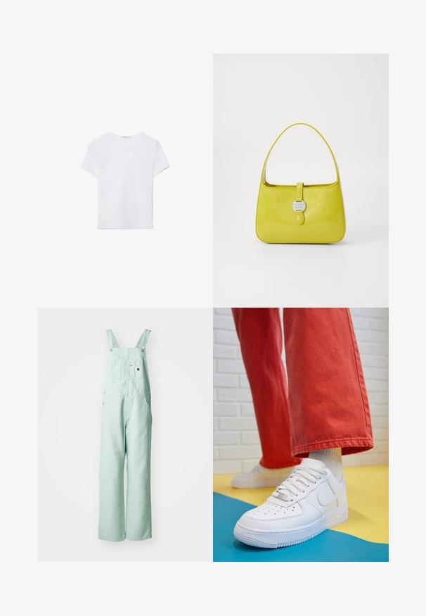 Biela kratká dámska tričko s krátkym rukávom vyrobené z mäkkej látky. Má okrúhly výstrih a jednoduchý, čistý dizajn so rovnými okrajmi.; Svetlo mentolové traky vyrobené z odolného materiálu, s nastaviteľnými ramennými popruhmi, prednou vreckom a dvoma bočnými vreckami.; Biele kožené tenisky s perforovanou špičkou, textúrovanou podrážkou a bielymi šnúrkami, spárované so širokými červenými nohavicami na modrom a žltom pozadí.; Žltá lakovaná kožená kabelka so štruktúrovaným tvarom, horným držadlom a predným zacvakávacím uzáverom s kruhovým kovovým logom.