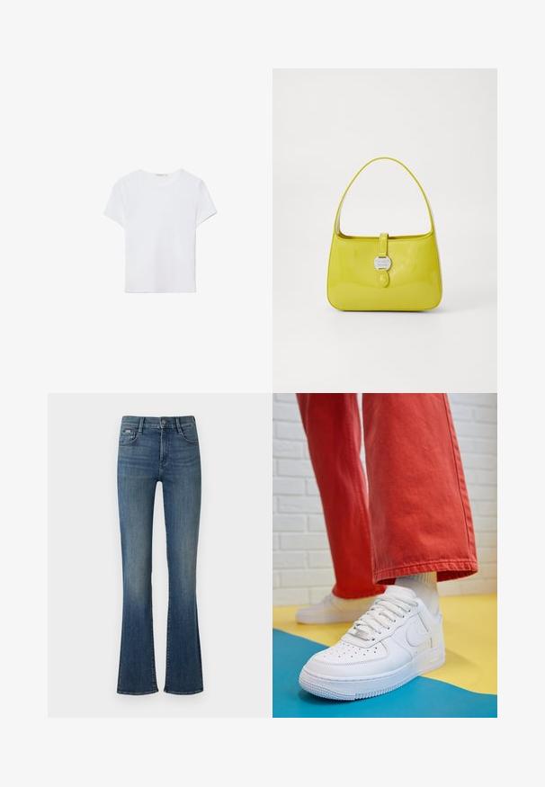 Bijela majica kratkih rukava izrađena od mekanog materijala. Ima okrugli izrez i jednostavan, čist dizajn s ravnim rubom.; Tamno plave traperice koje se šire prema dnu, sa visokim strukom, jednim prednjim dugmetom i suptilnim izbljeđivanjem duž nogu.; Bijele kožne tenisice s perforiranim prednjim dijelom, teksturiranim đonom i bijelim vezicama, u kombinaciji s širokim crvenim hlačama i plavo-žutom pozadinom.; Žuta patentirana kožna torbica s strukturiranim oblikom, gornjom drškom i prednjim zakretnim zatvaračem s kružnim metalnim logotipom.