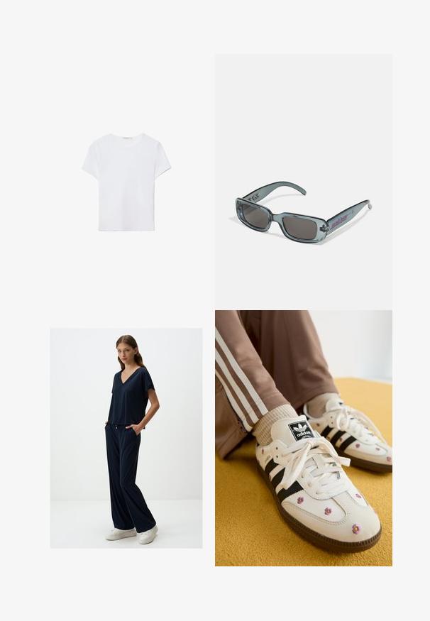 Biała koszulka z krótkim rękawem wykonana z miękkiego materiału. Posiada okrągły dekolt oraz prosty, minimalistyczny design z prostym dołem.; Granatowa, krótko-sleeve bluzka w serek w połączeniu z luźnymi, dopasowanymi spodniami. Miękka, lekka tkanina z bocznymi kieszeniami i swobodnym krojem.; Białe skórzane sneakersy z trzema czarnymi paskami i haftem w kwiaty w kolorze fioletowym i żółtym. Brązowa gumowa podeszwa. Połączone z beżowymi skarpetkami w prążki.; Santa Cruz INFERNO UNISEX - Okulary przeciwsłoneczne