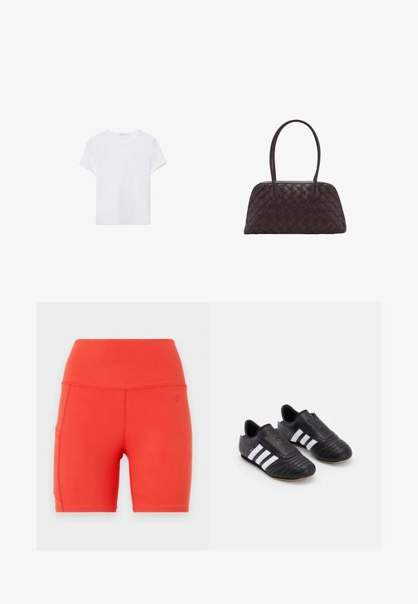 T-shirt blanc à manches courtes en tissu doux. Dispose d'un col rond et d'un design simple et épuré avec un ourlet droit.; Shorts de sport rouges avec une taille haute, fabriqués à partir d'un matériau lisse et extensible. Comprend une poche latérale et un petit logo en relief.; Chaussures de soccer noires avec une tige en cuir texturé, présentant un devant rembourré, trois rayures blanches sur les côtés et une semelle extérieure en caoutchouc gum.; Sac à main en cuir tissé marron avec une forme arrondie, deux poignées supérieures, et une texture lisse ; présente des coutures discrètes pour le détail du design.