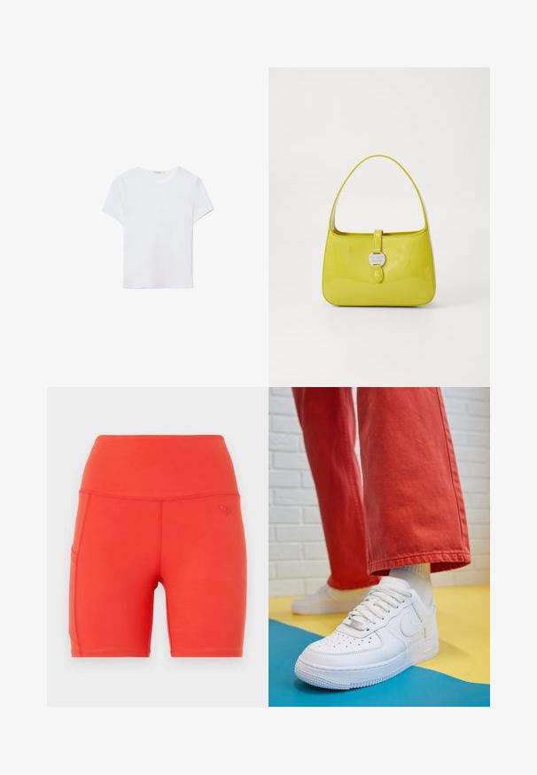White short-sleeve t-shirt made of soft fabric. Features a round neckline and a simple, clean design with a straight hemline.; Red athletic shorts with a high waistband, made from smooth, stretchy material. Features a side pocket and a small embossed logo.; White leather sneaker with perforated toe box, textured sole, and white laces, paired with wide red pants and a blue and yellow background.; Yellow patent leather handbag with a structured shape, a top handle, and a front snap closure featuring a circular metal logo accent.