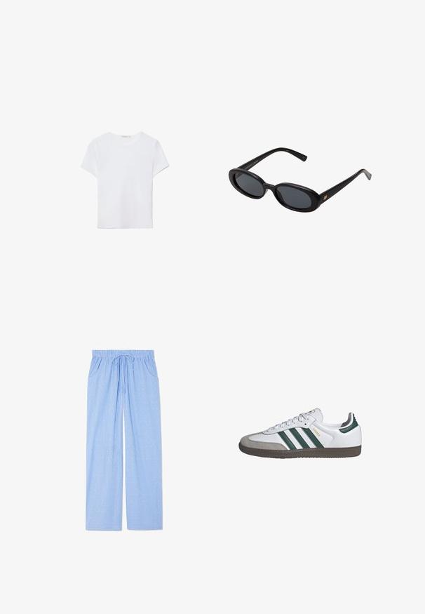 Biała koszulka z krótkim rękawem wykonana z miękkiego materiału. Posiada okrągły dekolt oraz prosty, minimalistyczny design z prostym dołem.; Niebieskie spodnie piżamowe w pionowe paski z małymi geometrycznymi wzorami. Posiadają elastyczny pasek w talii związywany sznurkiem oraz boczne kieszenie.; Białe sneakersy z zielonymi paskami, zamszowym czubkiem oraz teksturowaną szaro-skalą. Posiadają sznurowaną konstrukcję i branding „Samba”.; Czarne, oversize okulary przeciwsłoneczne z owalnymi soczewkami, gładkim plastikowym mostkiem i złotymi akcentami na zausznikach. Ciemne soczewki zapewniają ochronę przed słońcem.