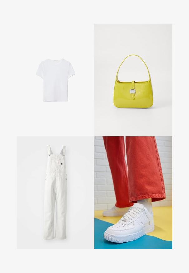 Vit t-shirt med kort ärm gjord av mjukt tyg. Har en rund halslinning och en enkel, ren design med en rak nederkant.; Vita bomullsbyxor med justerbara axelband, framficka och sidoknappar; lös passform med raka ben; minimal synlig sömnad.; Vita lädersneakers med perforerat tåparti, texturerad sula och vita snören, kombinerat med vida röda byxor och en blå och gul bakgrund.; Gul lackläderhandväska med en strukturerad form, ett handtag på toppen och en framknappsförslutning som har en rund metall-logotyp accent.