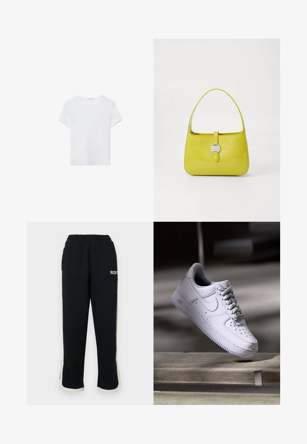 Biela kratká dámska tričko s krátkym rukávom vyrobené z mäkkej látky. Má okrúhly výstrih a jednoduchý, čistý dizajn so rovnými okrajmi.; Čierne tepláky s elastickým pásom, bielymi bočnými pruhmi a malým logom na prednej strane. Vyrobené z mäkkej, štruktúrovanej tkaniny.; Biele tenisky Nike Air Force 1 vznášajúce sa nad betónovým povrchom so tieňmi v minimalistickom prostredí.; Žltá lakovaná kožená kabelka so štruktúrovaným tvarom, horným držadlom a predným zacvakávacím uzáverom s kruhovým kovovým logom.
