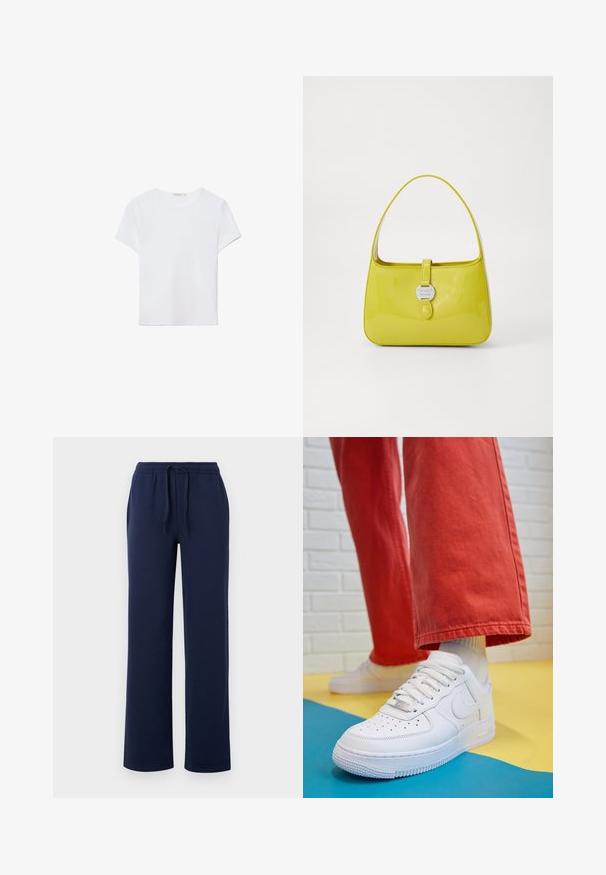 Biela kratká dámska tričko s krátkym rukávom vyrobené z mäkkej látky. Má okrúhly výstrih a jednoduchý, čistý dizajn so rovnými okrajmi.; Námornícky modré tepláky vyrobené z mäkkej bavlny, s elastickým pásom so šnúrkou, bočnými vreckami a rovnou nohou.; Biele kožené tenisky s perforovanou špičkou, textúrovanou podrážkou a bielymi šnúrkami, spárované so širokými červenými nohavicami na modrom a žltom pozadí.; Žltá lakovaná kožená kabelka so štruktúrovaným tvarom, horným držadlom a predným zacvakávacím uzáverom s kruhovým kovovým logom.