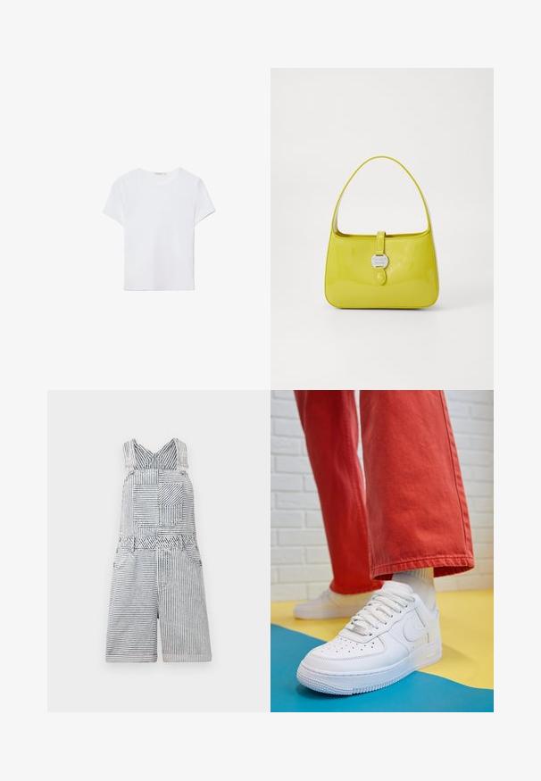 Biela kratká dámska tričko s krátkym rukávom vyrobené z mäkkej látky. Má okrúhly výstrih a jednoduchý, čistý dizajn so rovnými okrajmi.; Prúhované deninové šaty s štvorcovou vreckom, nastaviteľnými popruhmi a širokým výstrihom. Vyznačujú sa voľným strihom a dĺžkou šortiek.; Biele kožené tenisky s perforovanou špičkou, textúrovanou podrážkou a bielymi šnúrkami, spárované so širokými červenými nohavicami na modrom a žltom pozadí.; Žltá lakovaná kožená kabelka so štruktúrovaným tvarom, horným držadlom a predným zacvakávacím uzáverom s kruhovým kovovým logom.