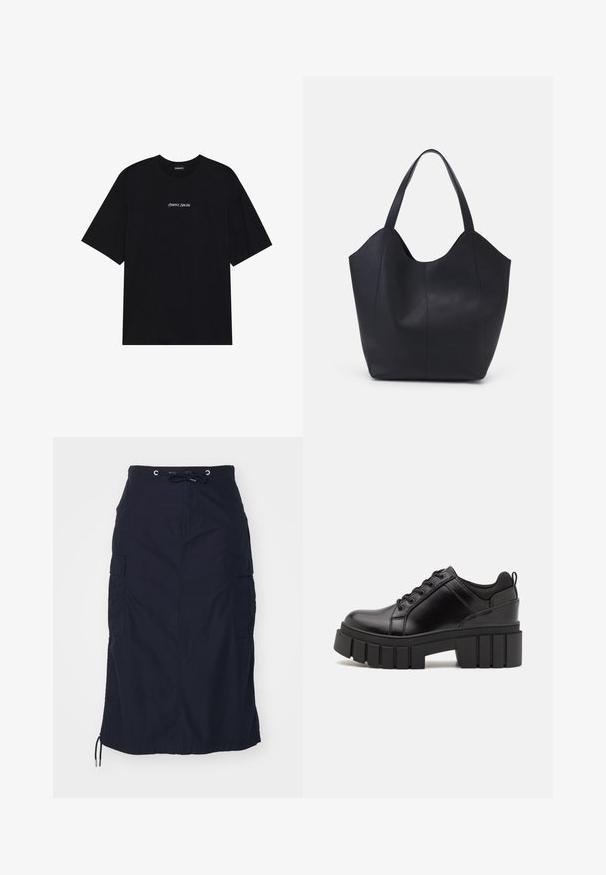 Must tees musta musta musta featured short sleeves ja ringi kaelusega disain. Esiküljel on keskelt valge tekst "Positiivne Siiras".; Converse CARGO SKIRT - A-lõikeline seelik - black; Must musta platvormsussid paksu plokkninal, ümmarguse varbaga ja traditsioonilise nööridega kinnitamisega. Sussid on sileda tekstuuriga ja minimaalsete detailidega.; Must must kinnas must rinna, millel on kaarjas avatud ülemine osa, kaks õlarihma ja minimalistlik disain.