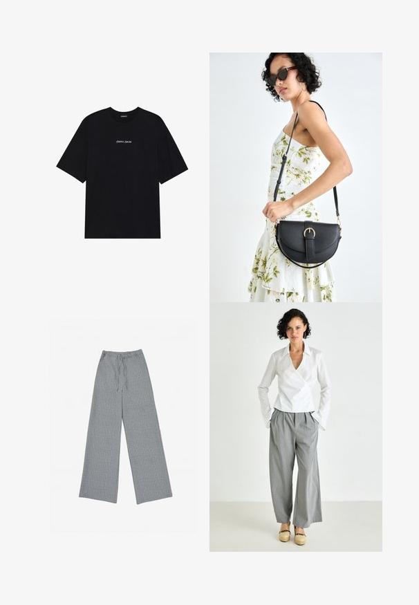 Melna kokvilnas T-krekls ar brīvu dizainu. Iezīmē īsas piedurknes un noapaļotu kakla izgriezumu. Uz priekšpuses centrā ir balts uzraksts "Pozitīvs, Sirsnīgs".; Pelēki platakāju bikses, izgatavotas no struktūrētas auduma ar smalku vertikālu svītru rakstu, ar elastīgu jostu un auklu.; Baltas blūze ar apkakli, apvienota ar pelēkiem svītrainiem platām biksēm un brūniem platformas apaviem. Gluda auduma un brīvs piegriezums.; Melnas ādas rokassoma ar izliekta formu, noņemamu siksnu un zelta aksesuāriem. Somai ir vāciņš ar sprādzes detaļu.