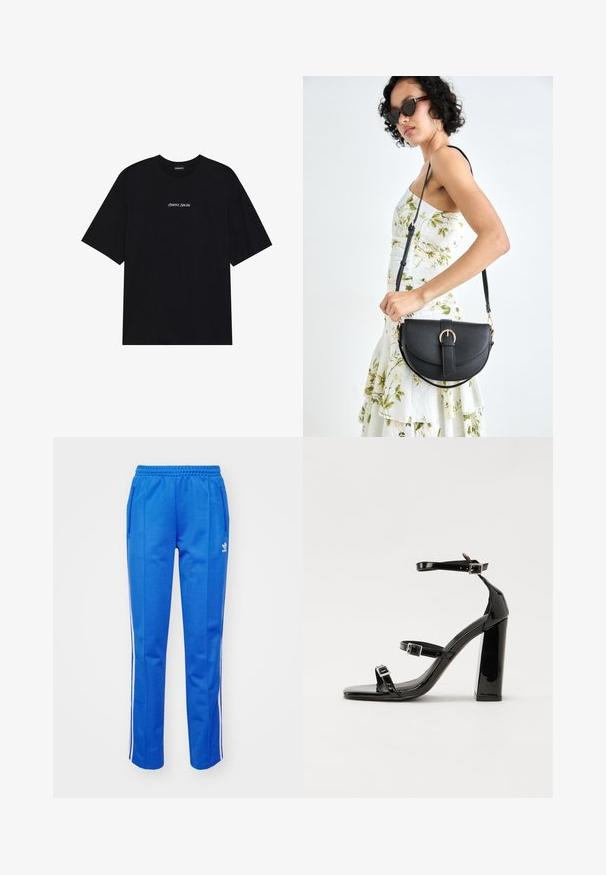 T-shirt de algodão preta com um design solto. Apresenta mangas curtas e um decote arredondado. Texto "Positive Sincere" em branco centrado na frente.; Calças de fato azuis feitas de tecido macio, com uma cintura elástica, bolsos laterais e detalhes em faixas brancas ao longo dos lados.; Sandálias pretas de verniz com salto alto, duas fivelas, biqueira quadrada e salto largo, apresentando uma textura lisa e brilhante.; Bolsa de couro preta com forma curva, alça destacável e detalhes em dourado. A bolsa possui uma aba com detalhe de fivela.