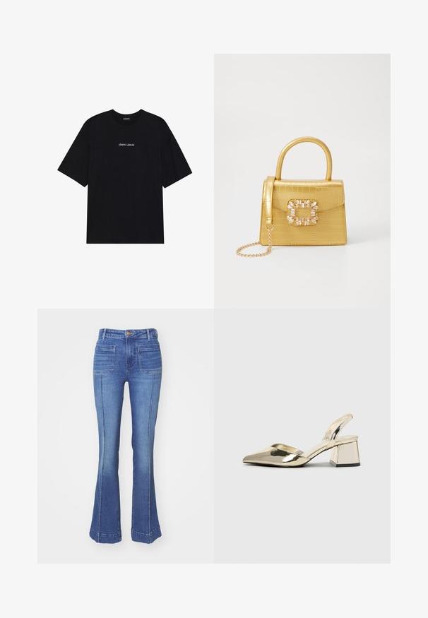 Čierne bavlnené tričko s voľným strihom. Má krátke rukávy a zaoblený výstrih. Na prednej strane je bielo umiestnený text "Pozitívne úprimne".; Rozšírené denimové nohavice v stredne modrom odtieni, s vysokým pásom, piatimi vreckami a viditeľným prešívaním pozdĺž rozšíreného lemu.; Zlaté kovové lodičky na podpätku so špicatou špičkou a robustným podpätkom. Hladký povrch, minimalistický dizajn a úzka remienok.; Žltá falošná krokodília kabelka so štruktúrovaným dizajnom, horným držadlom, odnímateľným reťazovým popruhom a dekoratívnym kryštálovým ozdobením na zapínaní.; Zlaté kruhové náušnice s hladkým, zaobleným dizajnom. Tenké a ľahké, s nepřerušeným okruhom bez akýchkoľvek ozdôb.