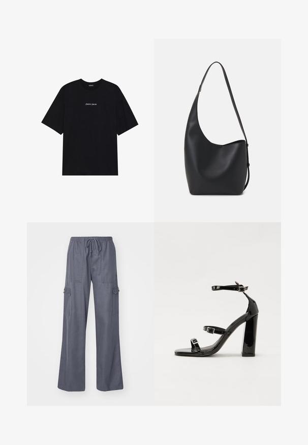 Sort bomulds t-shirt med løst design. Har korte ærmer og en rund halsudskæring. Teksten "Positive Sincere" i hvid centralt på fronten.; Grå cargo bukser med snøre i taljen, brede ben og to side lommer. Lavet af et blødt, let stof.; Sorte patenterede hælsandaler med firkantet tå, ankelremme og sølvspænder. Har en chunky blokHæl for stabilitet.; Sort læder hobo taske med en glat overflade, buet form og en enkelt justerbar rem; har en bred åbning øverst.