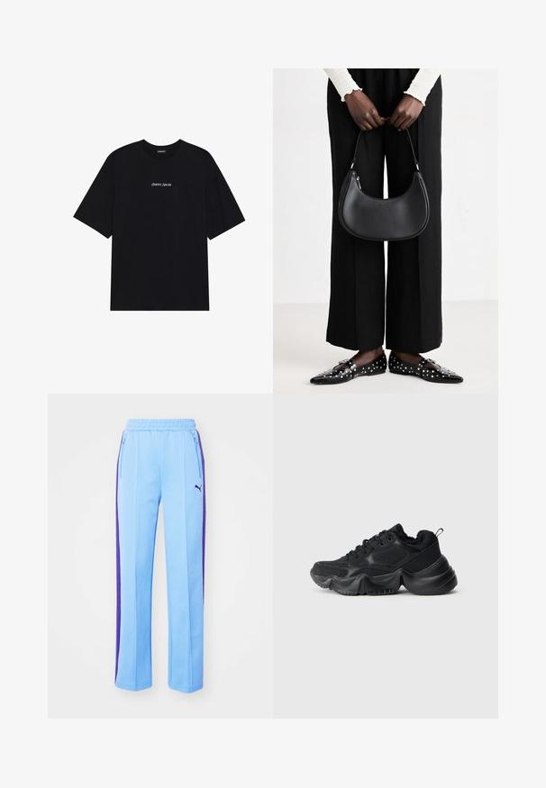 Čierne bavlnené tričko s voľným strihom. Má krátke rukávy a zaoblený výstrih. Na prednej strane je bielo umiestnený text "Pozitívne úprimne".; Svetlo modré tepláky s fialovými bočnými pruhmi, elastický pás a zipsové vrecká. Mäkká tkanina a rovný strih.; Čierne tenisky s kombináciou hladkých a textúrovaných materiálov, s hrubými podrážkami, zaobleným tvarom a dekoratívnym prešívaním. Majú mäkký, plyšový lem.; Čierna kožená taška cez rameno s oblejším tvarom, lesklým povrchom a striebornými kovovými doplnkami. Osoba oblečená v čiernych nohaviciach s širokými nohavicami a ozdobených mokasínach.