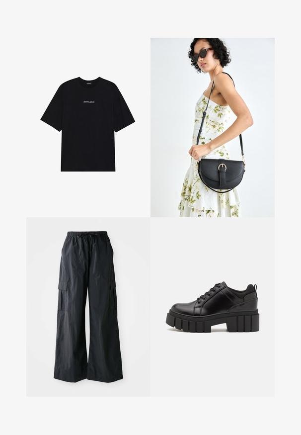 T-shirt de algodão preta com um design solto. Apresenta mangas curtas e um decote arredondado. Texto "Positive Sincere" em branco centrado na frente.; Calças cargo pretas feitas de um tecido leve, apresentando um design de perna larga, cintura elástica e vários bolsos laterais. Simples e funcionais.; Sapatos de plataforma em couro preto com um salto bloco robusto, bico redondo e design clássico de atacadores. Apresentam uma textura suave e detalhes mínimos.; Bolsa de couro preta com forma curva, alça destacável e detalhes em dourado. A bolsa possui uma aba com detalhe de fivela.