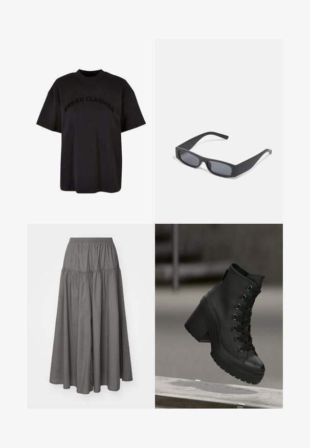 T-shirt in cotone nero con vestibilità comoda, maniche corte e scollatura rotonda, con "URBAN CLASSICS" stampato in caratteri in grassetto sulla parte anteriore.; Weekday SKIRT - Gonna lunga - dark mole; Stivali platform neri alla caviglia con finitura in pelle testurizzata, lacci frontali e tacco spesso. Presentano una suola in gomma con motivi di battistrada distintivi.; Occhiali da sole neri rettangolari con lenti scure e montatura spessa opaca. Le asticelle sono leggermente affusolate con una texture liscia.