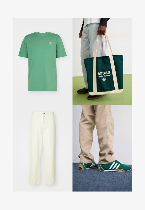adidas Originals TREFOIL ESSENTIALS - Majica kratkih rukava s printom - preloved green; Svijetložute pamučne hlače ravnog kroja, s prednjim zatvaranjem na gumb, petljama za remen i čistim, minimalističkim dizajnom.; Zelene kvadrate tenisice s bijelim prugama i smešim gumenim potplatima, uparene s bež hlačama. Dizajn se odlikuje niskim profilom i teksturiranim materijalom.; Osoba drži tamnozelenu Adidas torbu s bež trakama i dnom, nosi svijetle traperice i crne cipele na zelenom podu.