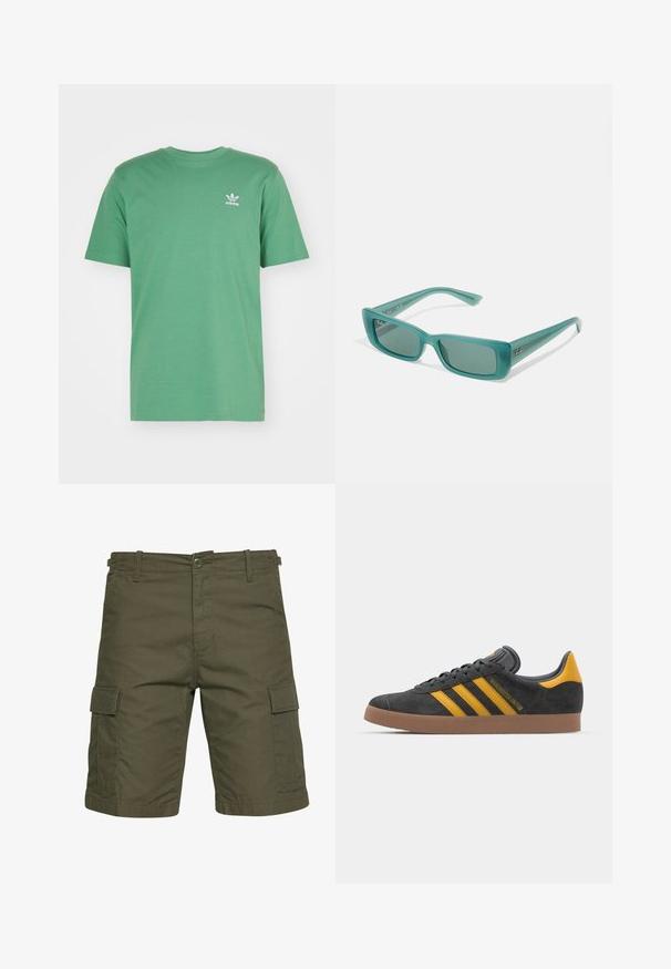 adidas Originals TREFOIL ESSENTIALS - T-shirt imprimé - preloved green; Shorts cargo vert olive en tissu léger, comportant deux poches latérales avec rabats, des passes-ceinture et une fermeture à bouton.; Baskets en suede noir avec des accents jaunes, présentant trois rayures et une semelle en caoutchouc marron. Comprend une languette rembourrée pour le confort.; Lunettes de soleil turquoise avec une monture rectangulaire, fabriquées en plastique translucide, équipées de verres foncés et d'un petit logo sur le côté.