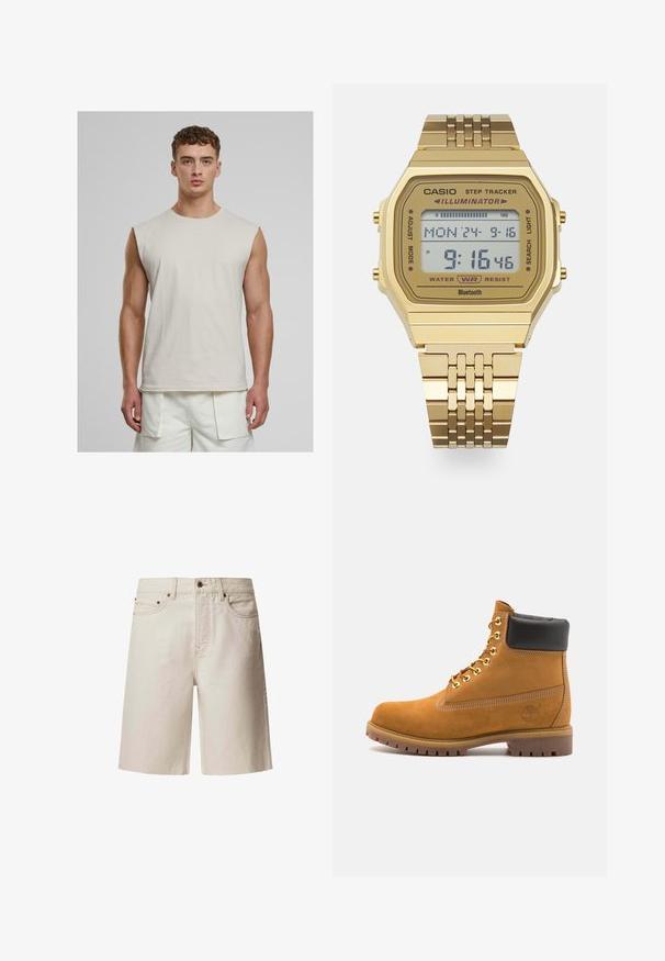 Urban Classics OPEN EDGE SLEEVELESS - Tops - cloud; Beidzē džinsu šorti ar taisnu piegriezumu, piecām kabatām, augsto pogu un jostu cilpiņām. Gluda tekstūra ar smalkiem šuvju detaļām.; Brūna zamša potīte ar melnu izšuvumu ap kaklu, zelta metāla acu caurumi, balta šuvju apdare un izturīgs gumijas zole ar izteiktu zīmējumu.; Zelta digitālais rokas pulkstenis ar taisnstūra seju, soļu skaitītāja funkcija, ūdensizturība un metāla sprādze. Rāda laiku un datumu.