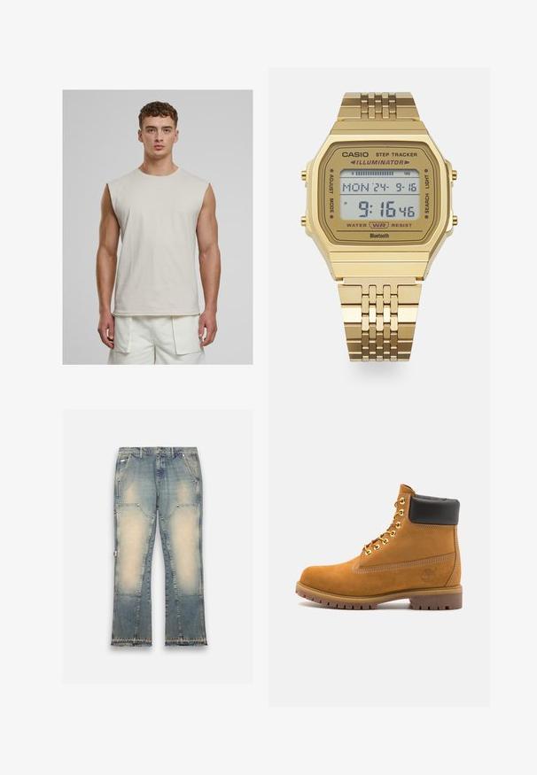 Urban Classics OPEN EDGE SLEEVELESS - Top - cloud; Jeans in denim blu chiaro con un design sbiadito, gamba ampia, cinque tasche e orli sfilacciati. Presentano toppe a contrasto per una maggiore texture.; Stivale alla caviglia in suede tan con collare imbottito nero, occhielli in metallo dorato, dettagli in cucitura bianca e suola in gomma robusta con battistrada pronunciato.; Orologio digitale dorato con quadrante rettangolare, funzione contapassi, resistenza all'acqua e bracciale a maglie metalliche. Mostra l'ora e la data.