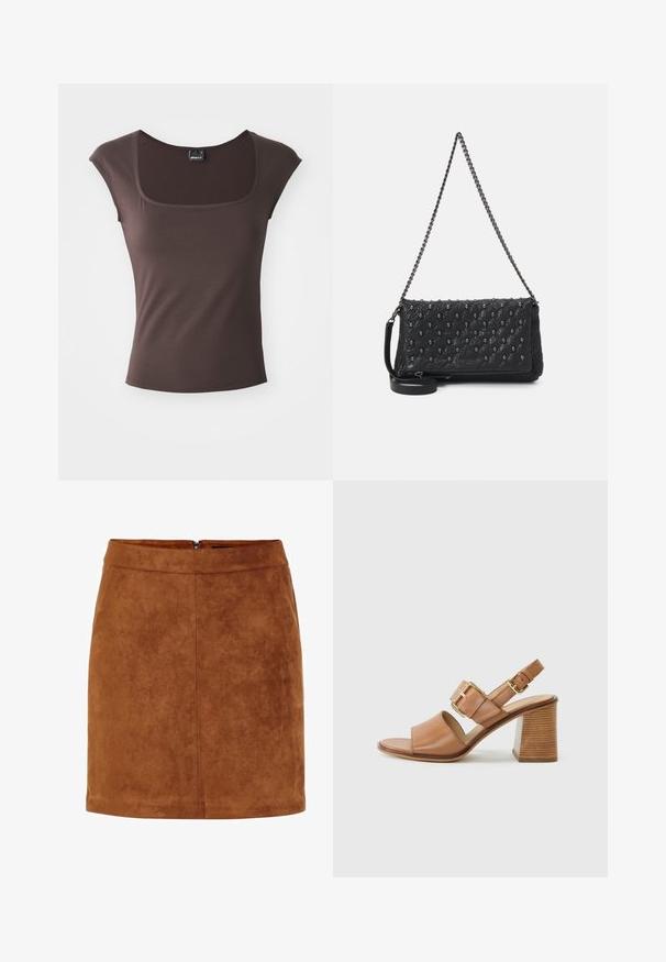 Brun kortermet topp med firkantet utringning, laget av glatt stoff. Har en tettsittende design og rene, sikk-sakk-kantede kanter.; Brun semsket mini-skjørt med en glatt tekstur, rett snitt og en diskret baklås. Har sømdetaljer for struktur.; Brune lær hælede sandaler med en bred frontrem, justerbar ankelrem med en guldbuckle og en struktureret blokhæl.; Svart kviltet lærveske med kjedehank, med hodeskalledekorasjoner og glidelås. Teksturert overflate med blank finish.