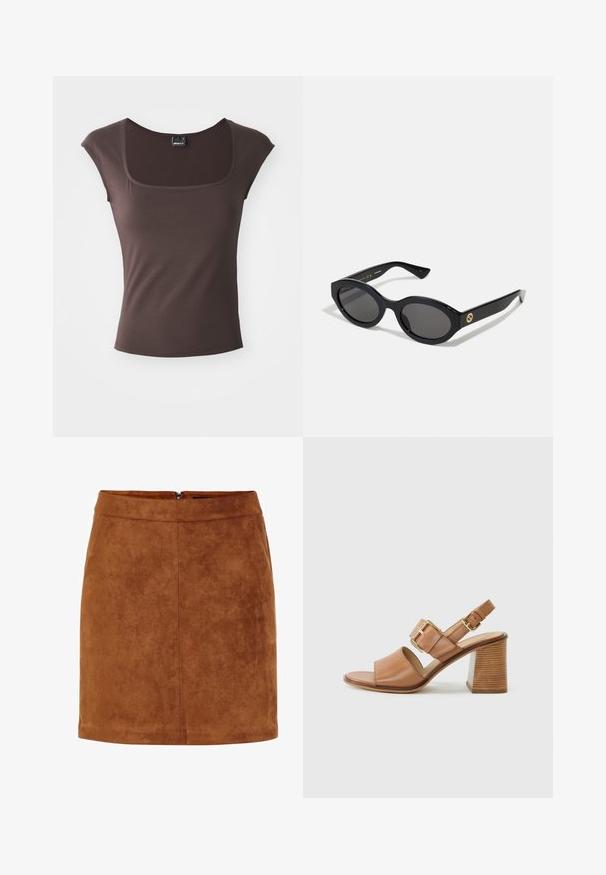 Top chocolat à manches courtes avec un décolleté carré, fabriqué en tissu lisse. Dispose d'une coupe ajustée et de bords nets et ourlés.; Mini jupe en daim marron avec une texture lisse, coupe droite et une fermeture à glissière arrière discrète. Présente des détails de couture pour apporter de la structure.; Sandales à talons en cuir marron avec une large bride avant, une bride de cheville réglable avec une boucle en or et un talon en bloc texturé.; Lunettes de soleil ovales noires avec des verres sombres et une monture en plastique brillant. Présente un logo doré sur la branche, offrant un design épuré et moderne.; Sac en cuir matelassé noir avec une bandoulière en chaîne, comportant des accents de crâne et une fermeture éclair. Surface texturée avec une finition brillante.