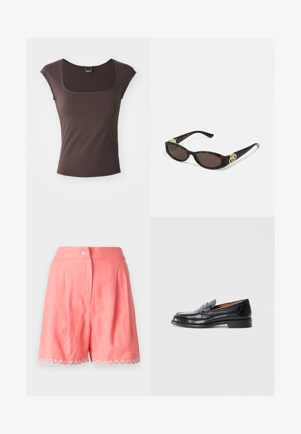 Hnedý top s krátkymi rukávmi a štvorcovým výstrihom, vyrobený z hladkej látky. Má priliehavý strih a čisté, lemované okraje.; Svetloružové ľanové šortky s plisovaním a zvlněným lemom, zdobené bielymi a modrými akcentovanými kruhmi. Obsahujú predné zapínanie na gombík.; Čierne kožené mokasíny s okrúhlym prstom, prešívaním a hladkým povrchom. Majú nízky opätok a sú určené na obúvanie.; Slnkové okuliare v korytnačkovom dizajne s predĺženými oválnymi šošovkami, hnedým tónovaním, zlatými logovými akcentmi na spánkoch a elegantnými čiernymi ramenami.; Čierna prešívaná kožená taška s reťazovým popruhom, zdobená akcentmi lebky a so zipsovým uzatváraním. Textúrovaný povrch s lesklým povrchom.