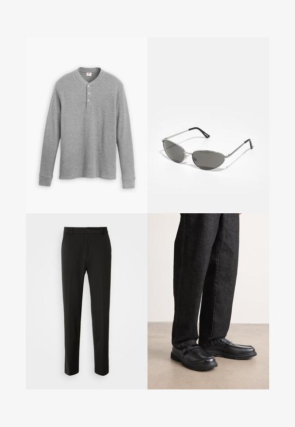 Pilkos spalvos ilgo rankovėmis henley marškiniai, pagaminti iš banguoto audinio, su trimis mygtukais priekyje ir apvalia iškirpte, šiek tiek prigludusios formos.; Juodi kelnes, pagamintos iš lygaus audinio, su tiesiomis kojomis, mygtuko uždarymu ir klasikiniu dizainu, tinkamu tiek formaliai, tiek kasdienei aprangai.; Juodos odinės bateliai su tekstūruotu paviršiumi, turintys iškilusių siūlių dizainą ir tvirtą guminį padas, dėvimi su tamsiai mėlynomis džinsinėmis kelnėmis.; Akiniai nuo saulės su elegantišku sidabro metaliniu rėmu, pilkai tonuotais objektyvais ir aerodinaminiu dizainu, turinčiu smailius kampus ir plonus šonus.