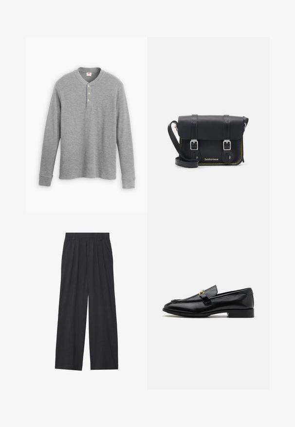 Pelēks garām piedurknēm henley krekls, kas izgatavots no ribota auduma, ar trīs pogu apdari un apaļu kakla izgriezumu nedaudz pieguļošā formā.; Platas piegriezuma bikses no tumši pelēka auduma. Iezīmes - izgriezumi jostasvietā, veidota forma un taisna silueta.; Melnas ādas loafers ar noapaļotu purngalu, šūtu akcentu, mazu papēdi un zeltītu detalizāciju uz siksnas. Virsma gluda visā garumā.; Melna ādas crossbody soma ar vāciņu, divām sudraba sprādzēm, dzeltena diega šuvēm un regulējamu siksnu. Iespējas ar gludu faktūru un kompakto dizainu.
