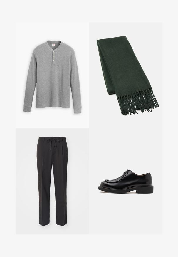 Hall sukapaelaga hall iheus, mis on valmistatud soonikust kangast, millel on kolme nupuga mansett ja veidi eest kitsenev ümar kaelus.; Mustad lõdva lõikega mustad püksid, millel on paeltega vöökoht, ees voldid ja sirged sääred. Valmistatud siledast, kergest kangast.; Must musta kingad ümarate varvastega, niiditud detailide ja minimaalsete paeltega, paksu kummist tallaga, mis tagab haardumise ja vastupidavuse.; Tumedast rohelisest pehmest kangast sallist, millel on puhas disain ja friteeritud servad, pakkudes lisatekstuuri.