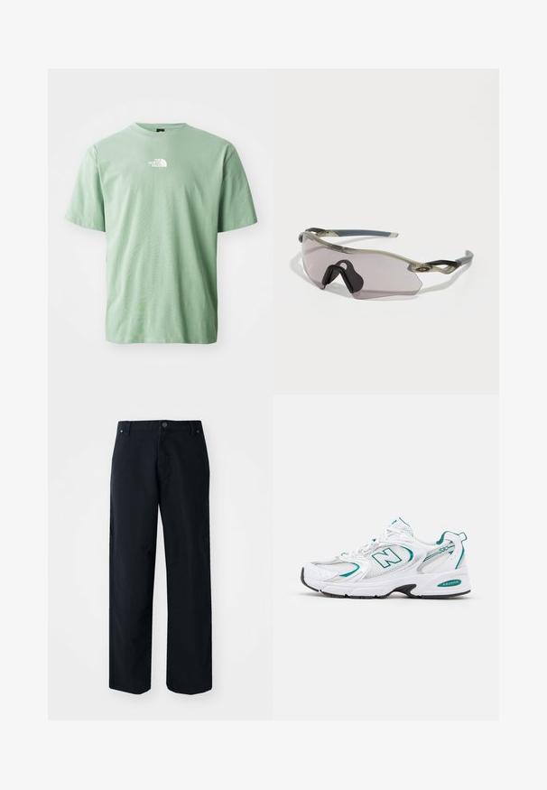 T-shirt de algodão verde claro, com mangas curtas, decote redondo e um pequeno logótipo branco no peito. Textura suave, ajuste descontraído.; Calças largas pretas, feitas de um tecido misto de algodão. Apresentam um fecho de botão, bolsos frontais e detalhes de costura discretos.; Sapatilha atlética branca com painéis de malha e sintético, accents em turquesa, ponta arredondada, frente com atacadores e sola de borracha preta.; Óculos de sol com uma armação cinza translúcida, lentes com tonalidade e design angular. Apresenta um suporte nasal distinto e hastes em cinza escuro texturizado.