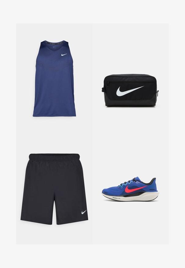 Top desportivo azul-marinho sem mangas com padrão texturizado, gola redonda e logótipo branco da Nike no peito. Feito de material leve.; Calças de desporto pretas feitas de material leve com uma cintura elástica. Apresenta um pequeno logótipo branco da Nike no canto inferior esquerdo.; Nike Performance AIR ZOOM PEGASUS 41 - Sapatos para corrida em estrada - astronomy blue/hot punch/black/baltic blue/pale ivory; Bolsa de toalete Nike preta com textura suave, apresentando o logo swoosh branco, fecho superior com zíper e um bolso lateral.