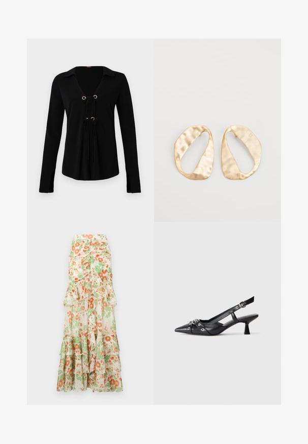 Zwarte lange mouwen shirt met een V-hals, gouden ringen en verstelbare strikjes aan de voorkant. Gemaakt van zachte stof met een gladde textuur.; Florale maxi rok met een crèmekleurige achtergrond, oranje en groene bloemenprint, gerimpelde lagen en een aansluitend tailleontwerp.; Zwarte leren slingback schoen met een puntige neus, decoratieve banden met metalen oogjes en een lage blokhak. Textuur oppervlak.; Een paar onregelmatig ovale, gouden metalen oorbellen met een gestructureerd, lichtgehamerd oppervlak op een witte achtergrond.