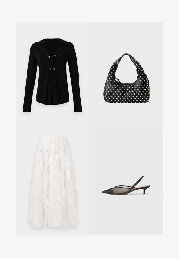 Chemise noire à manches longues avec un col en V, œillets dorés et liens ajustables à l'avant. Fabriquée en tissu doux avec une texture lisse.; Jupe blanche, longueur genou, avec broderies florales et sequins argentés. Tissu léger et fluide avec des couches volantes et une ceinture ajustée.; NEOUS IRENA - Escarpins - black; Sac à main en cuir noir avec une poignee courbée, ornée d'un motif d'empiècements métalliques répartis uniformément sur la surface. Fermeture zippée.