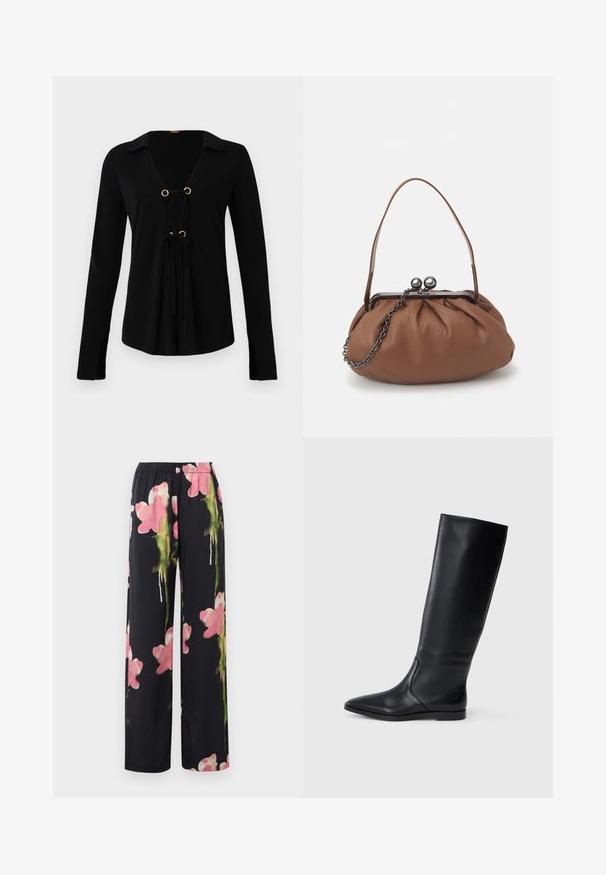 Melna garām piedurknēm kreklā ar V veida kakla izgriezumu, zelta metāla grometēm un regulējamām saitēm priekšpusē. Izgatavots no mīkstas auduma ar gludu tekstūru.; Ziedu platās bikses ar melnu fonu, kurās ir rozā un zaļas akvareļu stila puķes. Mīksts audums ar elastīgu jostu.; Melnas ādas ceļgala augstas zābaki ar smailu purngali un minimālistisku dizainu. Gluda tekstūra un plakana zole, ar diskrētām sānu šuvju detaļām.; Brūns ādas rokassomu ar salocītu dizainu, īsu ādas rokturi un ķēdes siksnu. Tam ir sudraba metāla sprādze ar diviem apaļiem akcentiem.