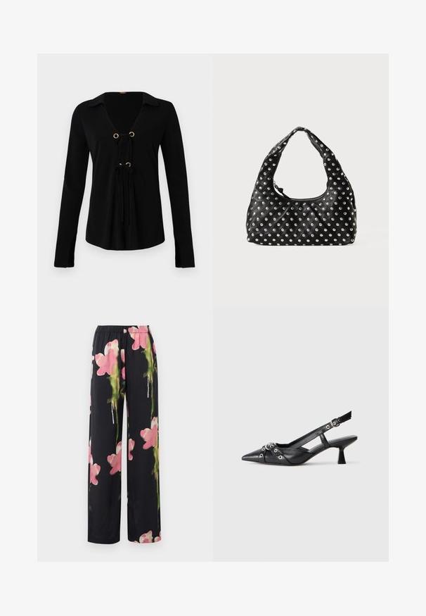 Melna garām piedurknēm kreklā ar V veida kakla izgriezumu, zelta metāla grometēm un regulējamām saitēm priekšpusē. Izgatavots no mīkstas auduma ar gludu tekstūru.; Ziedu platās bikses ar melnu fonu, kurās ir rozā un zaļas akvareļu stila puķes. Mīksts audums ar elastīgu jostu.; Melnas ādas šlipsveida kurpes ar norādītu purngalu, dekoratīvām joslām ar metāla acīm un zemu bloku papēdi. Teksturēta virsma.; Melna ādas somiņa ar izliekto rokas, kurai ir metāla radziņu raksts, vienmērīgi izvietots pa virsmu. Ar rāvējslēdzēju.