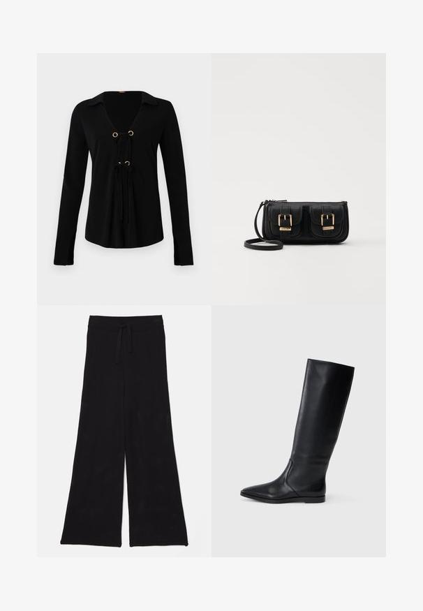 Must musterm ätukleidega must t-särk, millel on V-kaelus, kullatud neetide ja reguleeritavate sidemete ees. Valmistatud pehmest kangast, millel on sile tekstuur.; Mustad, laiad jaotustaskudega püksid, mis on valmistatud võrgukangast ja millel on paelaga vöökoht. Tekstuur on hingav ja kerge, sobides igapäevaseks kandmiseks.; Musthave mustad musta nahast kõrge säärega saapad, millel on terav varvas ja minimaalne disain. Sile tekstuur ja korter tald, sisaldades diskreetselt külgõmblusi.; Must küllastamata nahast õlakott, millel on kaks esist nähtavat taskut, kuldsed pandlad, tõmblukuga sulgemine ja peen rihm. Tekstuuriga pind ja kompaktne ristkülikukujuline kuju.