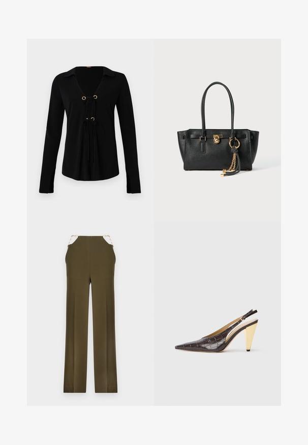 Schwarzes Langarmshirt mit V-Ausschnitt, goldenen Ösen und verstellbaren Bindebändern auf der Vorderseite. Hergestellt aus weichem Stoff mit glatter Textur.; Olivgrüne weit geschnittene Hose aus glattem Stoff, mit goldenen Kettendetails am Bund. Gerader Schnitt mit sauberem Finish.; Spitz zulaufender Slingback-Absatzschuh aus glänzendem, dunkelbraunem Kunstcrocodilleder. Verfügt über einen goldfarbenen geometrischen Absatz und einen verstellbaren Knöchelriemen.; Schwarze Lederhandtasche mit doppelten Griffen, goldfarbener Verschluss- und Kettendetails sowie einem schwarz-weißen Quastenaccessoire vor weißem Hintergrund.