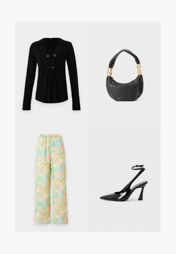 Must musterm ätukleidega must t-särk, millel on V-kaelus, kullatud neetide ja reguleeritavate sidemete ees. Valmistatud pehmest kangast, millel on sile tekstuur.; Heledad püksid helesinises kangas, millel on pastellvärvides kala- ja taimemuster. Elastne vöökoht koos kinnitusega.; Mustad läikivad patendiga slingback-kõrged kontsad, millel on terav põlv ja reguleeritav pahkluu rihm, ning mõõdukas plokknukk. Sile tekstuur läikiva viimistlusega.; Must mustrepp nahkakott ümmarguse kujuga, pehme tekstuuriga ja sõlmiga käepidemega, millel on kuldse tooni aksessuaarid. Lukuga sulgemine.