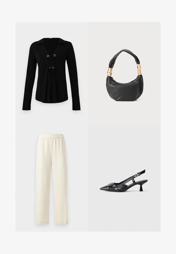 Zwarte lange mouwen shirt met een V-hals, gouden ringen en verstelbare strikjes aan de voorkant. Gemaakt van zachte stof met een gladde textuur.; Crèmekleurige, rechte broek met een elastische tailleband, een gladde structuur en geen zichtbare patronen of hardware.; Zwarte leren slingback schoen met een puntige neus, decoratieve banden met metalen oogjes en een lage blokhak. Textuur oppervlak.; Zwarte leren handtas met een ronde vorm, zachte textuur en een geknoopt handvat met gouden hardware accenten. Met rits sluiting.