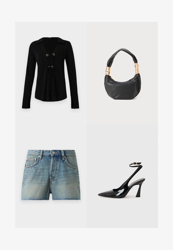 Czarna bluzka z długim rękawem i dekoltem w kształcie litery V, z złotymi oczkami i regulowanymi sznurkami z przodu. Wykonana z miękkiego materiału o gładkiej teksturze.; Jasnoniebieskie szorty dżinsowe z wysokim stanem, postrzępionym dołem i tradycyjnym pięci pocketowym stylem z metalowymi detalami.; Czarne lakierowane szpilki slingback na wysokim obcasie z wydłużonym noskiem, regulowanym paskiem na kostce i umiarkowanym obcasem w kształcie bloku. Gładka struktura z błyszczącym wykończeniem.; Czarna skórzana torebka o okrągłym kształcie, miękkiej fakturze i wiązanym uchwycie z akcentami w złotym odcieniu. Zamek błyskawiczny.