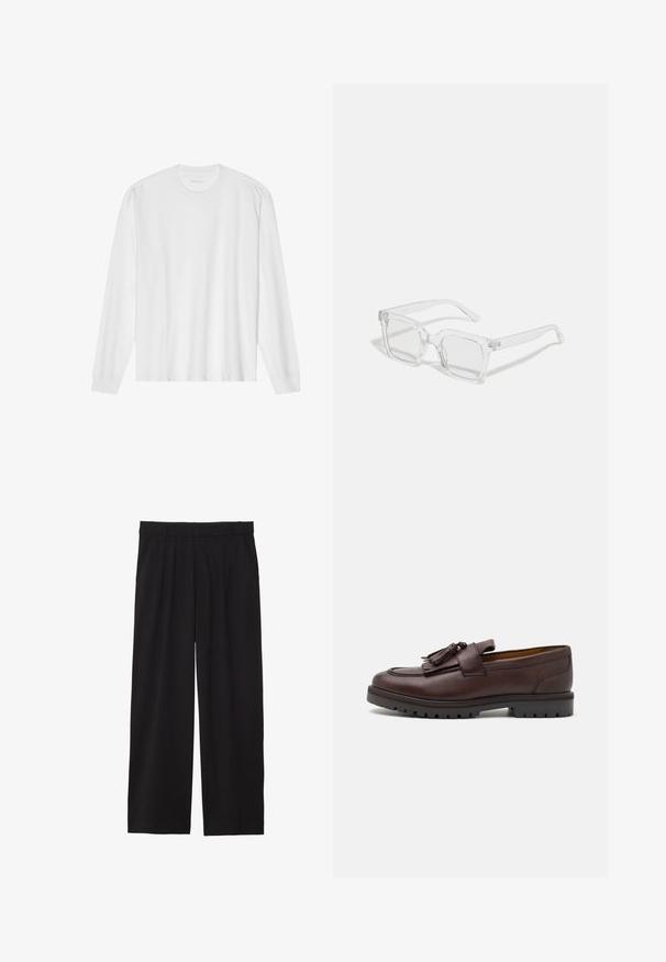 Bílá bavlněná trička s dlouhými rukávy, kulatým výstřihem a žebrovanými manžetami. Jednoduchý, nezdobený design, s hladkou strukturou a standardním střihem.; Černé široké kalhoty s skladaným předním dílem, bočními kapsami a hladkou texturou tkaniny. Navrženy pro pohodlný střih.; Zign Elegantní nazouvací boty - brown; Průhledné obdélníkové sluneční brýle s tlustým plastovým rámem, vybavené mírně zrcadlovými čočkami a bez dalších vzorů či akcentů.; Sada pěti stříbrných prstenů s různými vzory: řetězový vzor, hladký kroužek, tečkovaný kroužek a s akcenty s průstřihy.