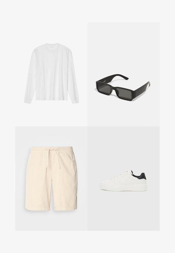 T-shirt en coton blanc à manches longues avec un col rond et des poignets côtelés. Design simple et sans ornements, avec une texture lisse et une coupe standard.; Shorts en coton beige avec une taille élastique et un cordon de serrage ajustable, comportant des poches latérales et une coupe décontractée.; Sneakers en cuir blanc avec motif embossé, semelle intermédiaire texturée blanche et accent noir au talon. Présentent une pointe arrondie et des lacets plats.; Lunettes de soleil noires avec des verresrectangulaires, monture en plastique mat et bords droits. Présente le logo de la marque sur le bras intérieur.