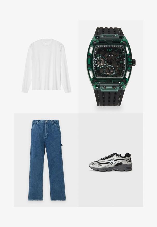 Hosszú ujjú fehér pamut póló, kerek nyakkivágással és bordázott mandzsettákkal. Egyszerű, díszítés nélküli dizájn, sima tapintással és normál fazonnal.; Kék farmernadrág egyenes szabással, kiemelkedő derékkal, ötpocketes kialakítással és finom kopással az anyagon.; Ezüst és fekete sportcipők, hálós felsőrésszel, párnázott talppal, fűzős kialakítással és oldalsó márkázással.; Guess óra, téglalap alakú zöld műanyag házzal, fekete texturált gumipánttal, és számos tárcsával, amelyek karakteres számokkal és kiemelésekkel rendelkeznek.