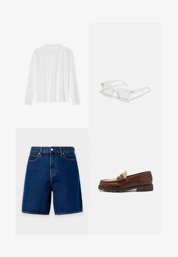 Ilgos rankovės baltas medvilnės marškinėliai su apvaliu kaklu ir raukšlėtomis rankovėmis. Paprastas, be puošmenų dizainas, turintis lygią tekstūrą ir standartinę prigludimą.; Tamsiai mėlynos džinsinės šortai su vidutinio aukščio liemeniu, penkiomis kišenėmis, vario detalėmis ir kontrastingais oranžiniais siuvinėjimo akcentais.; Rudi odiniai loafers su taupe audinio akcentu, siuvinėta detalė ir tekstūruota gumine padu, sukurta komfortui ir ilgaamžiškumui.; Aiškūs stačiakampiai saulės akiniai su storu plastiko rėmu, turintys šiek tiek tamsintas lęšius ir be jokių papildomų raštų ar akcentų.; Sidabras žiedų rinkinys, sudarytas iš penkių žiedų, su įvairiais dizainais: grandinėlės raštas, lygus žiedas, taškų raštas ir atvirų darbų akcentai.