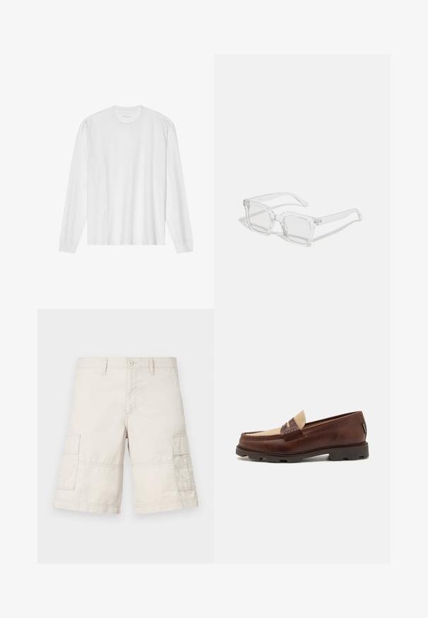 Λευκό βαμβακερό T-shirt με μακριά μανίκια, στρογγυλή λαιμόκοψη και ραμμένα μανίκια. Απλός, χωρίς στολίδια σχεδιασμός, με λείο ύφασμα και κανονική εφαρμογή.; Κρεμ cargo σορτς φτιαγμένα από ελαφρύ βαμβάκι, με δύο πλευρικές τσέπες, κλείσιμο με κουμπί μπροστά και λεπτομέρειες ραφής.; Καφέ δερμάτινες λοφάτες με ταπέ καμβά, ραφές λεπτομέρειας και υφασμάτινη σόλα με υφή, σχεδιασμένες για άνεση και ανθεκτικότητα.; Διαφανή ορθογώνια γυαλιά ηλίου με χοντρό πλαστικό σκελετό, που διαθέτουν ελαφρώς σκουρόχρωμους φακούς και χωρίς επιπλέον σχέδια ή λεπτομέρειες.