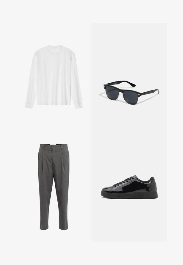 Garas piedurkņu balta kokvilnas T-kreklu ar apaļu kakla izgriezumu un ribotām aprocēm. Vienkāršs, neizpušķots dizains ar gludu tekstūru un standarta piegriezumu.; Pelēki pielāgoti bikses ar teksturētu audumu, ar krokām, taisnu kāju dizainu un jostu cilpām. Nav redzamu metāla elementu vai akcentu.; Melnas patentētas ādas kedas ar apaļu purngalu, platu gumijas zoli un melnām auklām. Gluda, spīdīga tekstūra augšējā virsmā.; Melnas saulesbrilles ar taisnstūra formu, tumšiem stenģiem, sudraba akcentiem pie tempļiem un matētu apdari uz rāmja.