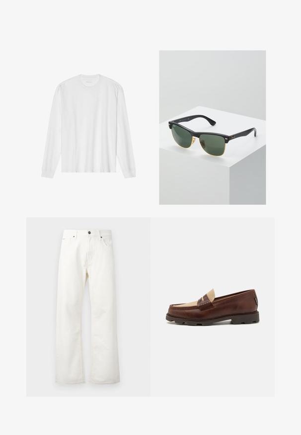 Dugi rukavi bijela pamučna majica s okruglim izrezom i rebrastim manžetama. Jednostavan, neukrašen dizajn, s glatkom teksturom i standardnim krojem.; Bijele cipelaste traperice izrađene od denima, s klasičnim pojasom, prednjim džepovima i kopčanjem na dugme. Tekstuirana tkanina s čistim završetkom.; Smeđi kožni mokasini s taupe platnenim akcentom, prošivenim detaljima i teksturiranom gumenom potplatom dizajnirani za udobnost i izdržljivost.; Ray-Ban sunčane naočale s zelenim lećama, crnim plastičnim okvirima i zlatnim naglascima na rubovima. Kvadratnog su oblika s mat i završnom obradom.
