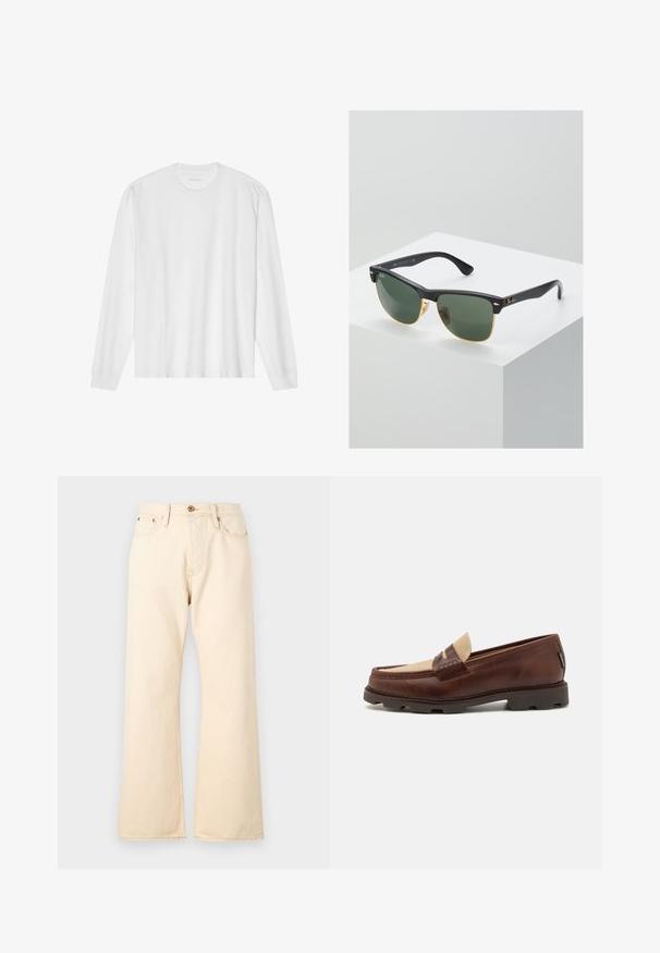 Long-sleeve white cotton t-shirt with a crew neck and ribbed cuffs. Simple, unembellished design, featuring smooth texture and standard fit.; Beige high-waisted jeans with a wide-leg design, made from denim, featuring a front button closure and two back pockets.; Brown leather loafers with a taupe canvas accent, stitched detail, and a textured rubber sole designed for comfort and durability.; Ray-Ban sunglasses with green lenses, black plastic frames, and gold accents at the edges. Square shape with a matte finish.