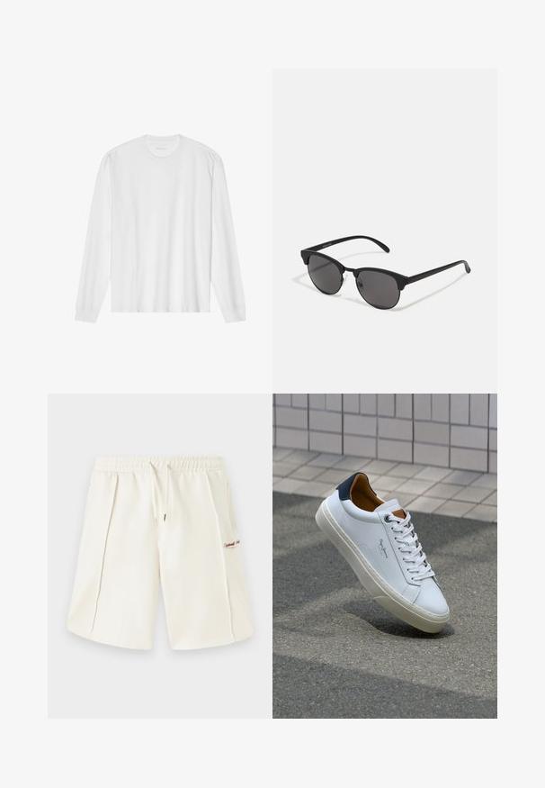 Wit katoenen t-shirt met lange mouwen, ronde hals en geribbelde manchetten. Eenvoudig, onopgesmukt ontwerp met een gladde textuur en een standaard pasvorm.; Crème-kleurige shorts van zachte stof, met een elastische tailleband, een trekkoord, zijzakken en een klein rood logo detail aan de zijkant.; Witte leren sneaker met een marineblauwe hiel, ronde neus en contrasterende bruin accent. Beschikt over platte veters en een gestructureerde rubberen zool.; Zwarte zonnebril met ronde lenzen, matte afwerking en een kenmerkende cat-eye vorm. Slanke armen met subtiele branding op de linkertempel.