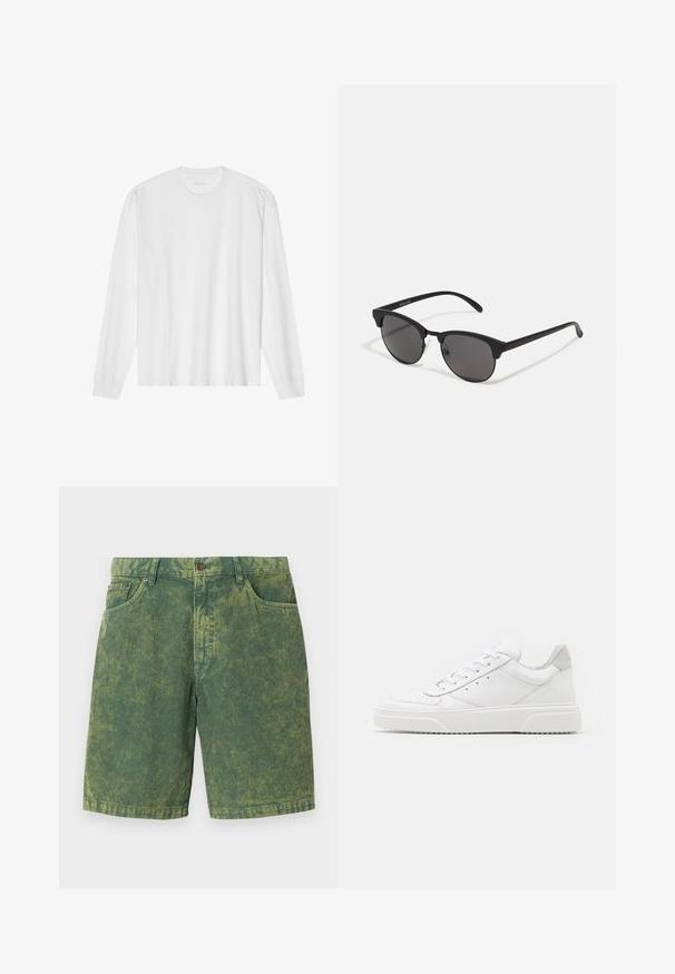 T-shirt bianca a maniche lunghe in cotone con colletto rotondo e polsi a coste. Design semplice e senza fronzoli, con texture liscia e vestibilità standard.; Shorts in cotone verde a coste con un motivo a righe testurizzate, design a cinque tasche e chiusura con bottone. Sottili accenti più chiari in tutto il capo.; Sneaker bianche in pelle con finitura liscia, punta arrotondata, lacci piatti e suola texturizzata. Accento in suede grigio sul tallone.; Occhiali da sole neri con lenti rotonde, finitura opaca e forma distintiva a occhio di gatto. Astine sottili con un branding discreto sulla tempia sinistra.